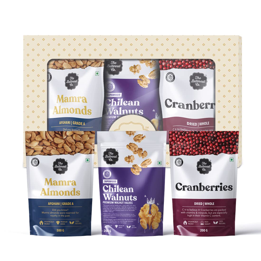 The Butternut Co Dry Fruit Festive Gift Box 900g, Indulgence Box, Mamra Almonds 500g, Cranberries 200g, Chilean Walnuts 200g, Premium Dry Fruits