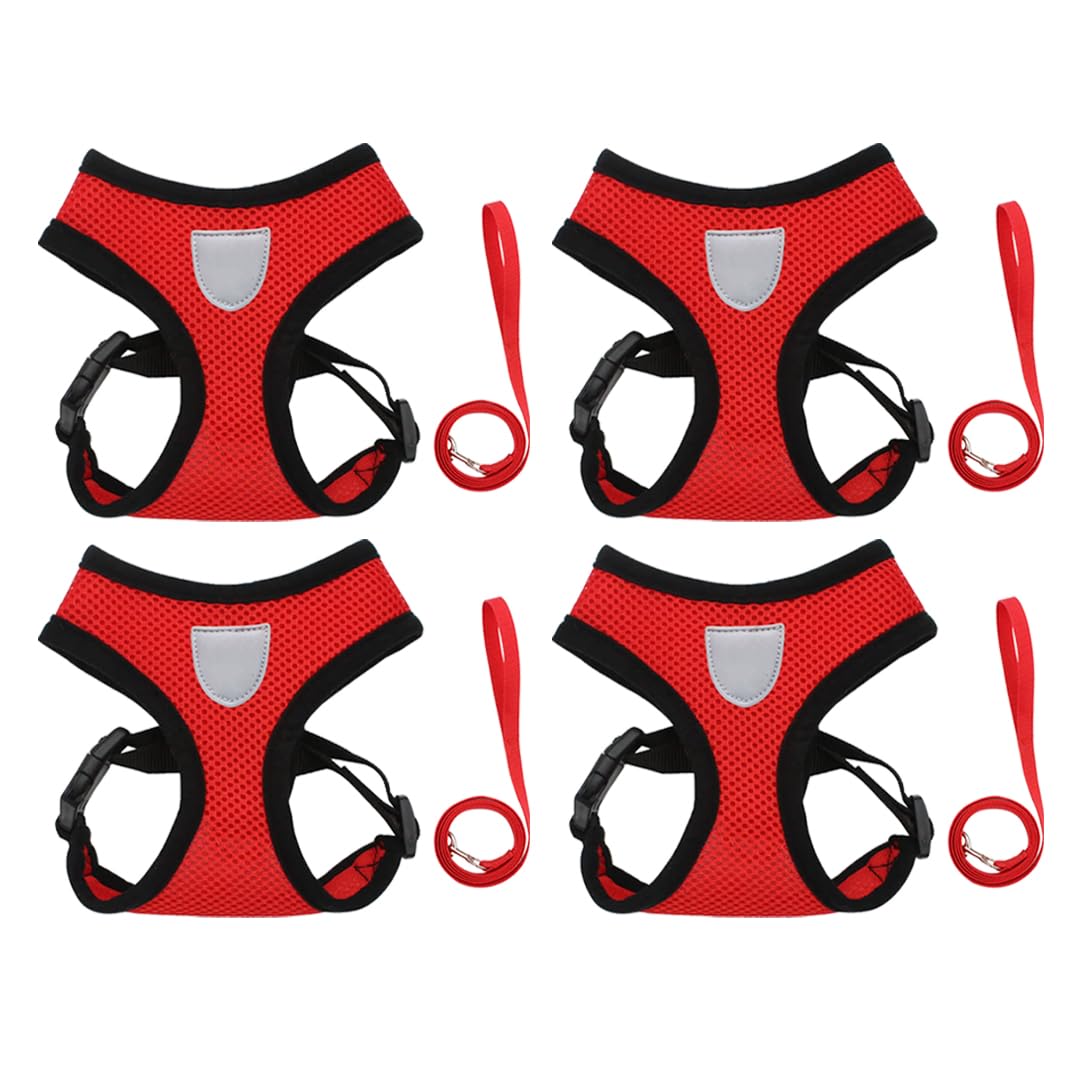 Kuber Industries Reflective Dog Harness with Adjustable Leash|Breathable Polyester Mesh Fabric with Top Carry Handle|Medium Size|HAT-818|Comfortable No-Pull Grip|Quick Release Buckles|Red (Pack of 4)