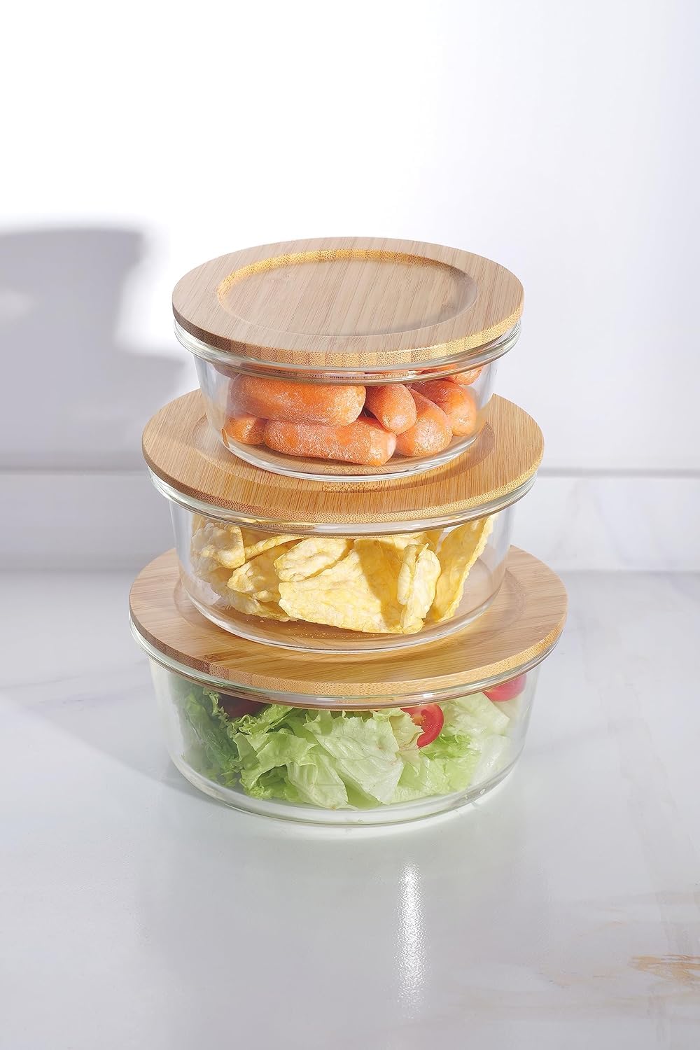 Kuber Industries Set of 3 Borosilicate Galss 950ml, 650ml, 400ml Round Food Kitchen Containers Set with Bamboo Lid | Multipurpose Storage Box for Fridge Organizers | LB301RD-Transparent