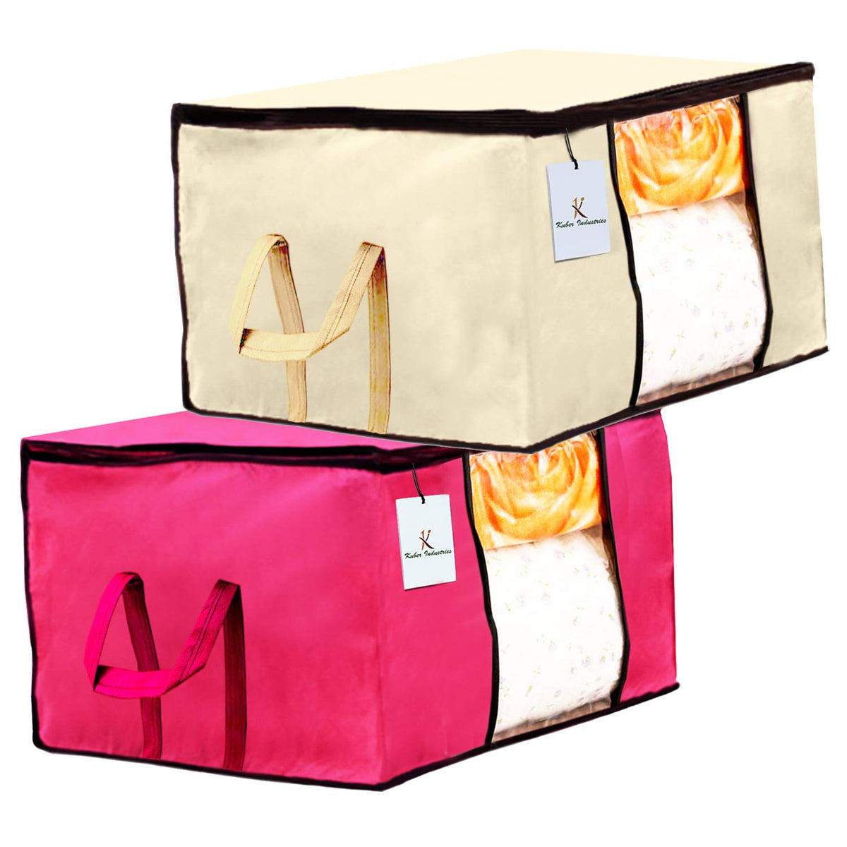 Kuber Industries Underbed Storage Bag, Storage Organiser, Blanket Cover Set of 2 - Ivory, Pink Extra Large Size-CTKTC23835, Standard