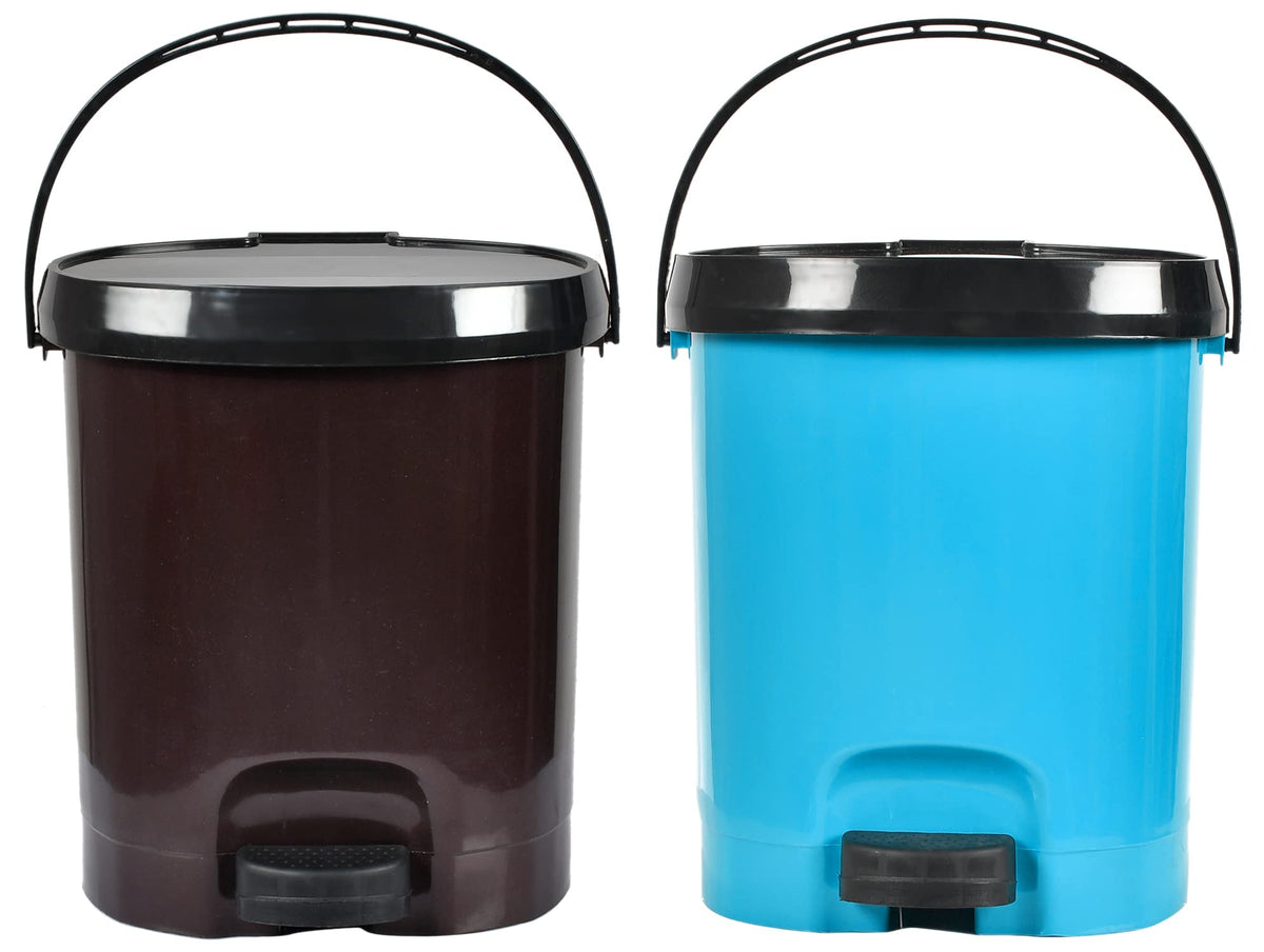 Heart Home Plastic Pedal Dustbin For Home, Kitchen, Office, Bathroom With Detachable Bucket, 10 Litre- Pack of 2 (Blue & Brown)-47HH0738