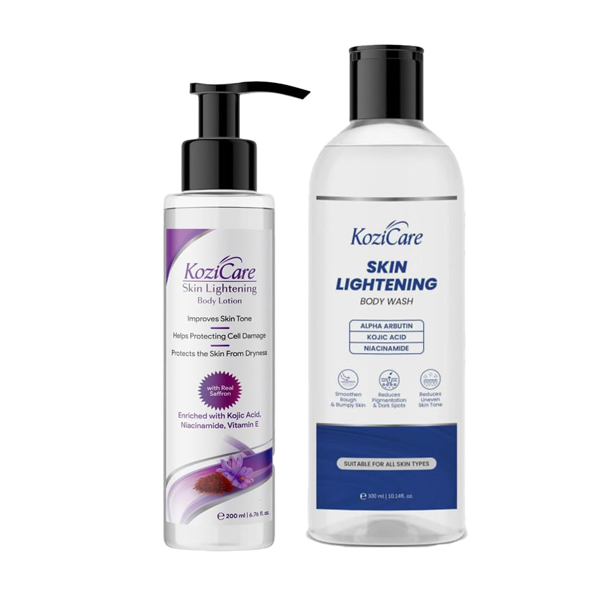 Kozicare Kojic Acid Body Wash & Saffron Body Lotion Combo | Kojic Acid Shower Gel for Men & Women - 300Ml |Reduces Dark Spots & Pigmentation | Niacinamide & Alpha Arbutin Moisturizer For Body -200Ml|