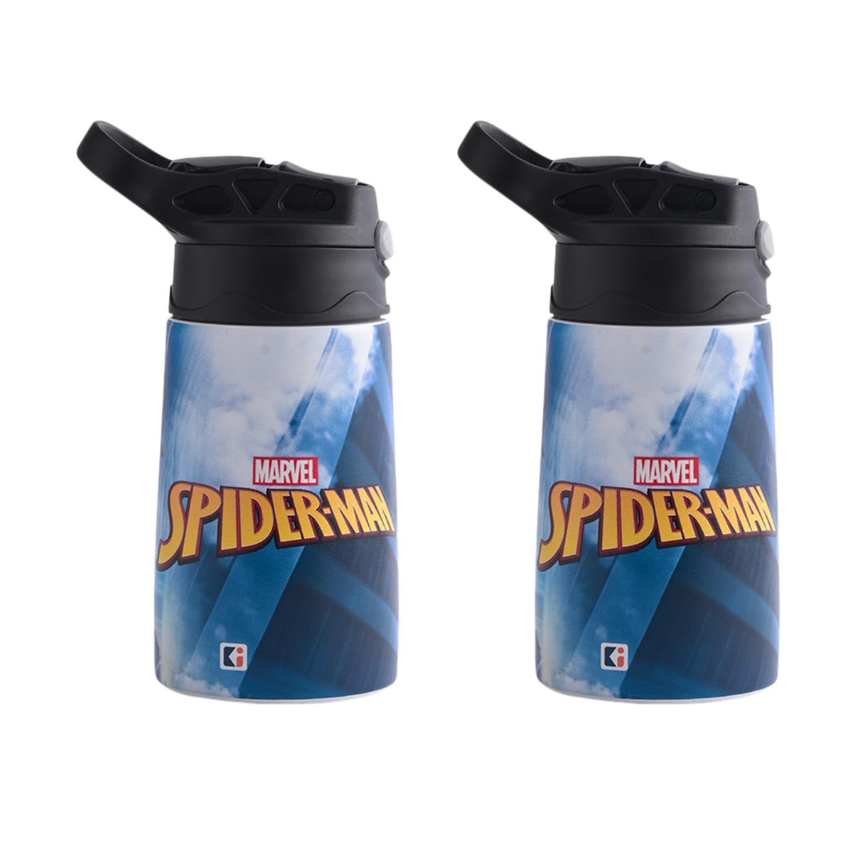 Kuber Industries 350 ml Insulated Water Bottle |Spiderman Kids Water Bottle | Stainless Steel Kids Water Bottle | Water Bottle with Push-Button Flip Lid | Bottle For School | Red & Blue | Pack of 2