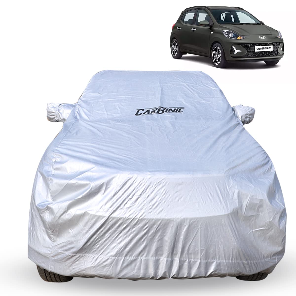 CARBINIC Waterproof Car Body Cover for Hyundai Grand i10 | Dustproof, UV Proof Car Cover | i10 Car Accessories | Mirror Pockets & Antenna Triple Stitched | Double Layered Soft Cotton Lining, Silver