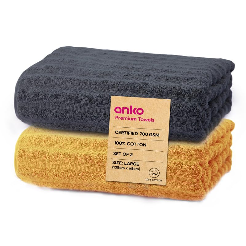 Anko Australia 100% Cotton 700 GSM Large Ribbed Bath Towel | Set of 2 | Super-Soft, Absorbent, Quick-Drying | Mustard & Dark Grey Towel for Men, Women & Kids | 135x68 cm |Travel, Gym, Spa Towel