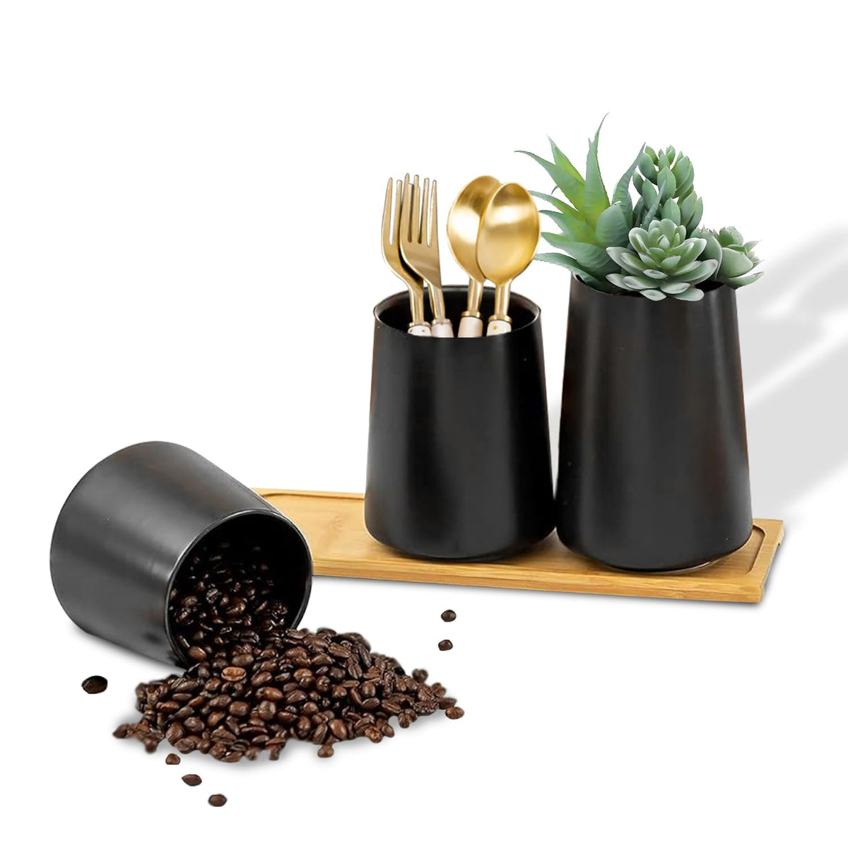 Ekhasa Multipurpose Ceramic Jars with Bamboo Lid (Set of 3) | Ideal for Home Decor, Kitchen Storage, Keeping Cosmetics & Jewellery Accessories, Vases & Plants, Cutlery & Tissues Holder, Candle Holder