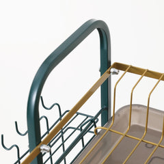 Kuber Industries 3-Layer Dish Drying Rack|Storage Rack for Kitchen Counter|Drainboard & Cutting Board Holder|Premium Utensils Basket Pack of 5 (Dark Green & Gold)