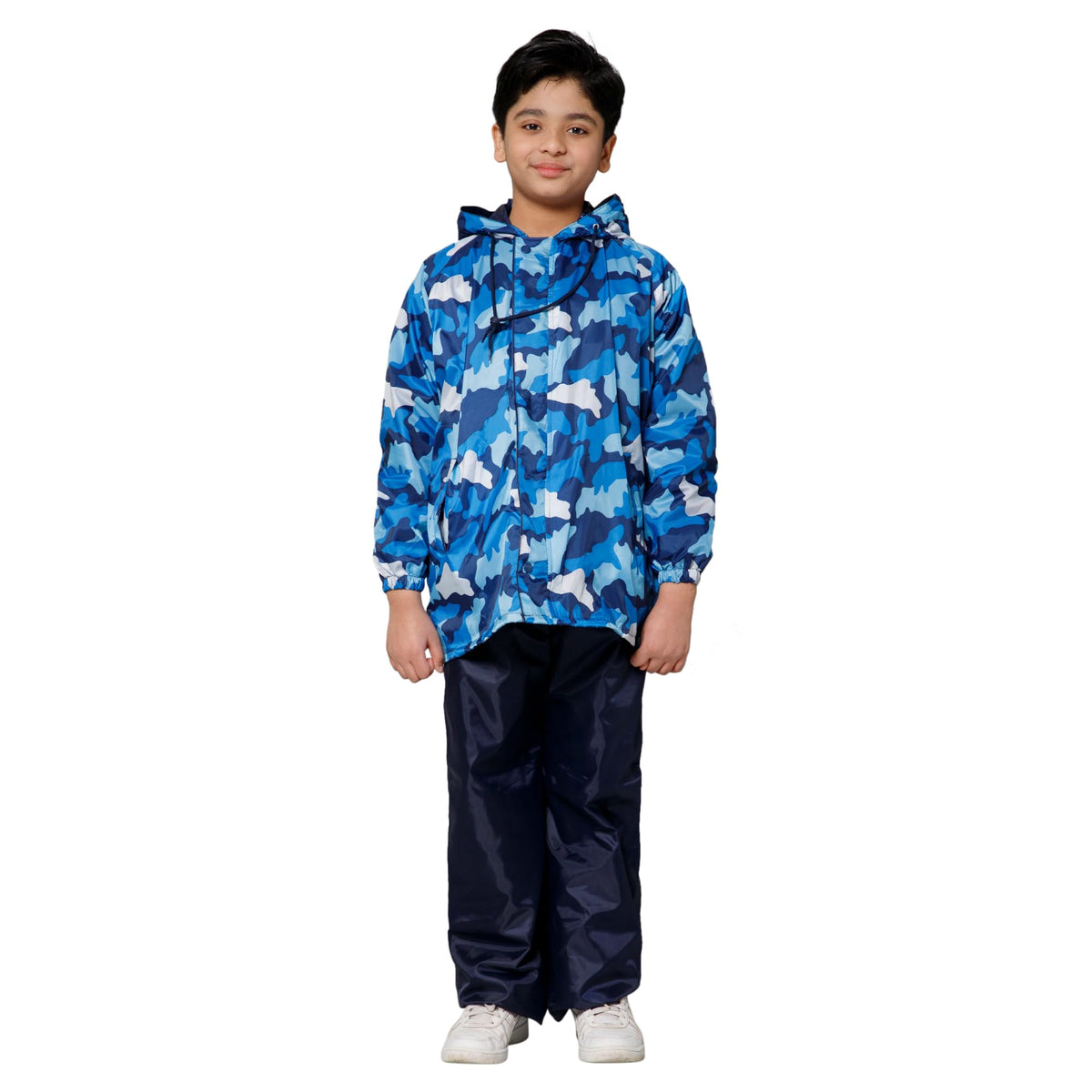 THE CLOWNFISH Comrad Series Kids Waterproof Nylon Double Coating Reversible Raincoat with Hood and Reflector Logo at Back. Set of Top and Bottom. Printed Plastic Pouch. Kid Age-5-7 years(Blue Camo)