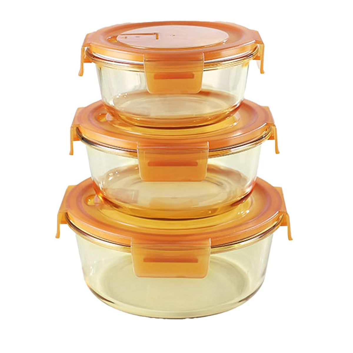 Homestic Pack of 3 Borosilicate Glass Kitchen Containers Set with Airvent Pp Lid | Airtight Round Fridge Storage Boxes for Grains, Pulses, Spices, Snacks | 365ml 580ml 890ml | Light Orange