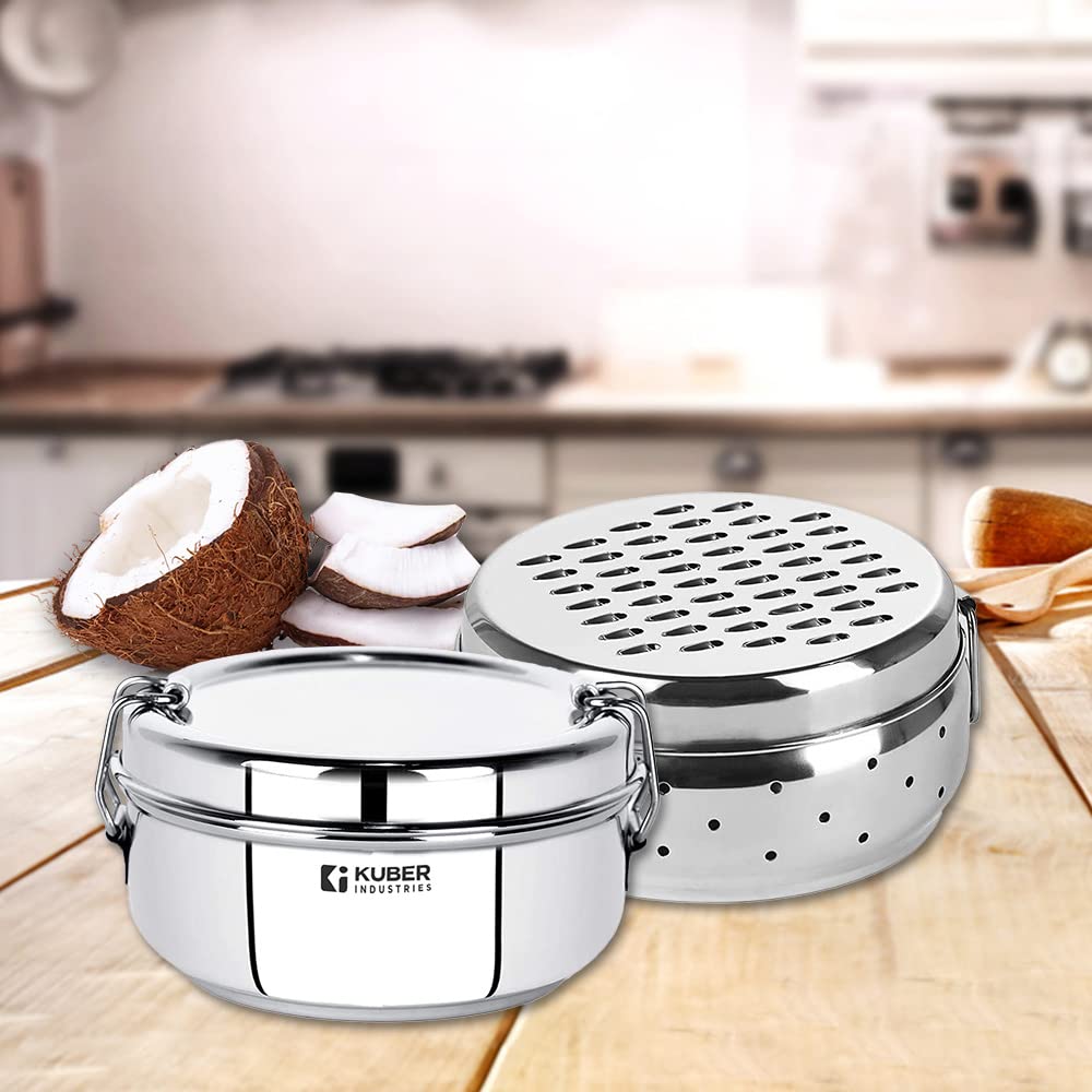 Kuber Industries Stainless Steel Grater with Storage & Food Pack Lunch Box (250ML) with Steel Separator Plate and Locking Clip | Stainless Steel, Multifunctional Use & Refrigerator Safe