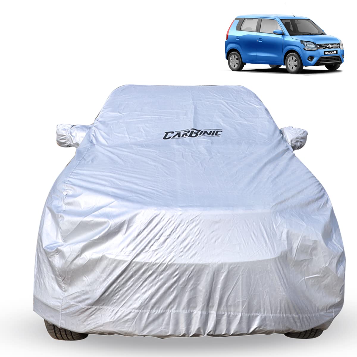 CARBINIC Car Body Cover for Maruti Wagon R 2019 | Water Resistant, UV Protection Car Cover | Scratchproof Body Shield | Dustproof All-Weather Cover | Mirror Pocket & Antenna | Car Accessories, Silver