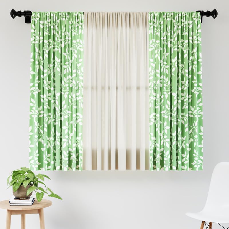 Encasa Homes Printed + Solid Window Curtains with Tie Back (5 ft, Reverse Leafs Green + Cream Combo) Pack of 3