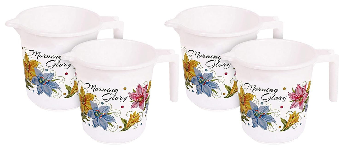 Kuber Industries Floral Print 4 Pieces Unbreakable Strong Plastic Bathroom Mug, 500 ML (White)-KUBMART10277