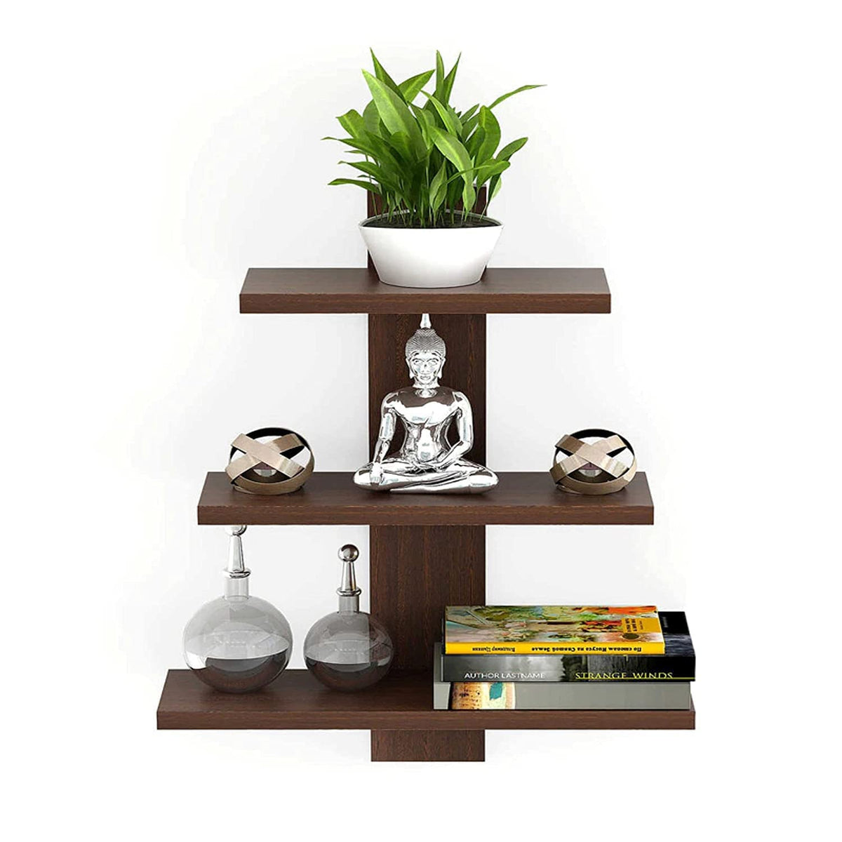 Kuber Industries Wooden Wall Shelf|Multipurpose Tree Shape Display Rack|Engineered Wood Mount 3 Tier Shelves for Office & Home Décor (Brown)