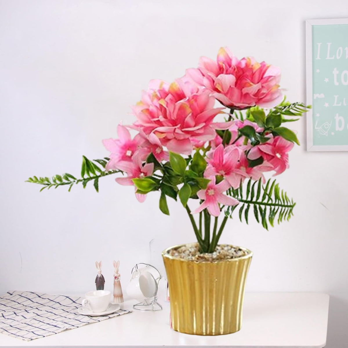 Ekhasa Dahlia Daisy Artificial Flowers with Vase Pot for Home Decoration (25 CM Total Height, 10 Flower Heads) | Guldasta Flower Pots with Artificial Show Flower for Living Room, Bedroom, Hall Decor