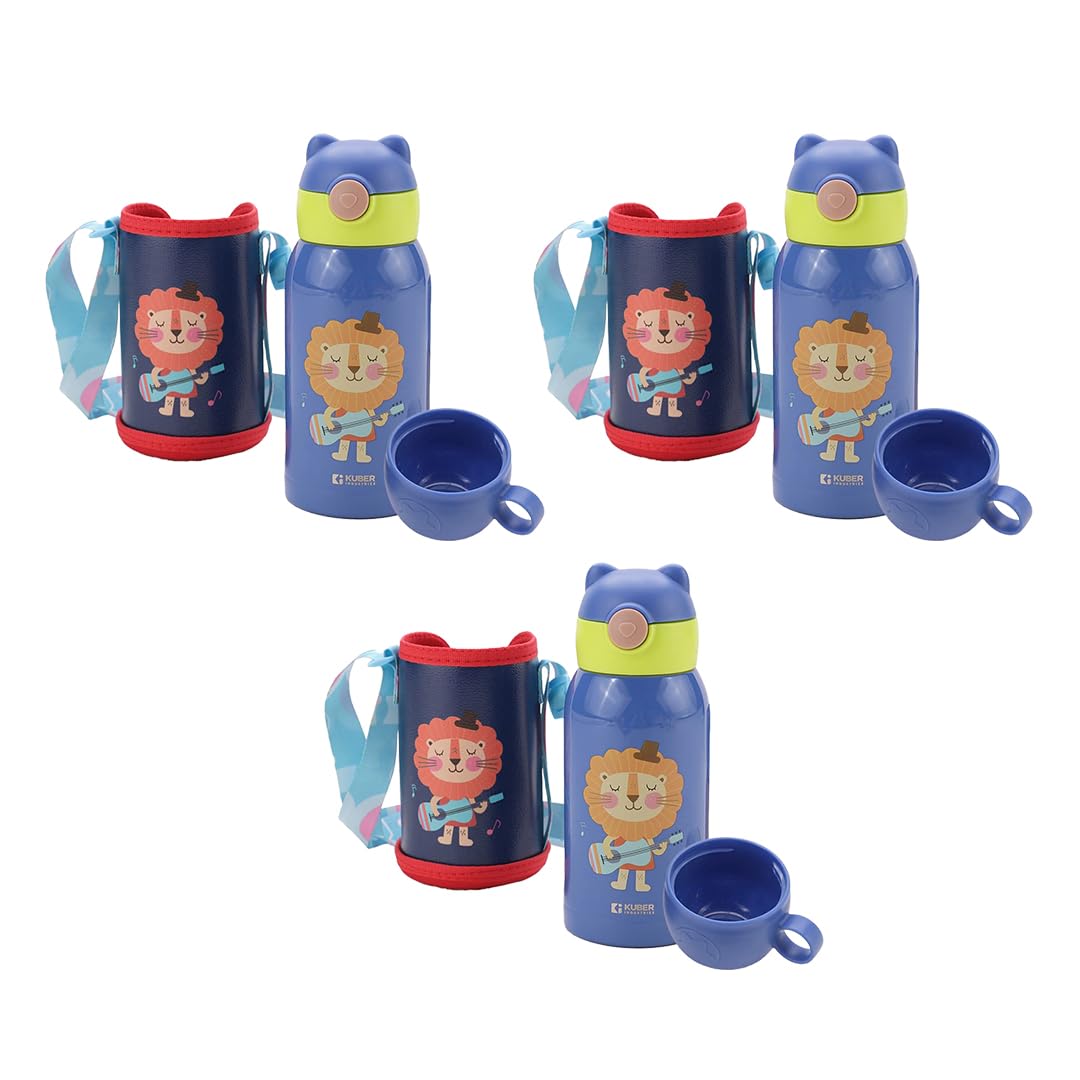 Kuber Industries Water Bottle for Kids|Stainless Steel Flask with Straw, Cup & Fabric Cover|Sipper Bottle for Kids|Food Grade Plastic Lid|Broad Fabric Strap|Leak Proof, BPA Free|500 ml (Pack Of 3)