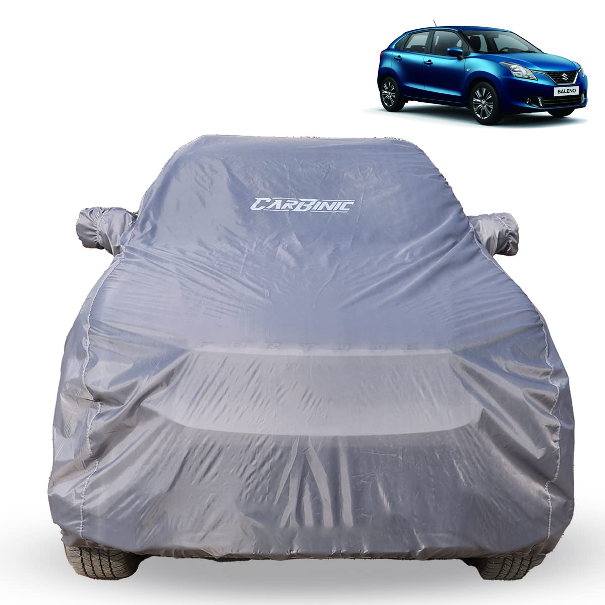 CARBINIC Car Body Cover for Maruti Baleno 2022 | Water Resistant, UV Protection Car Cover | Scratchproof Body Shield | Dustproof All-Weather Cover | Mirror Pocket & Antenna | Car Accessories, Grey