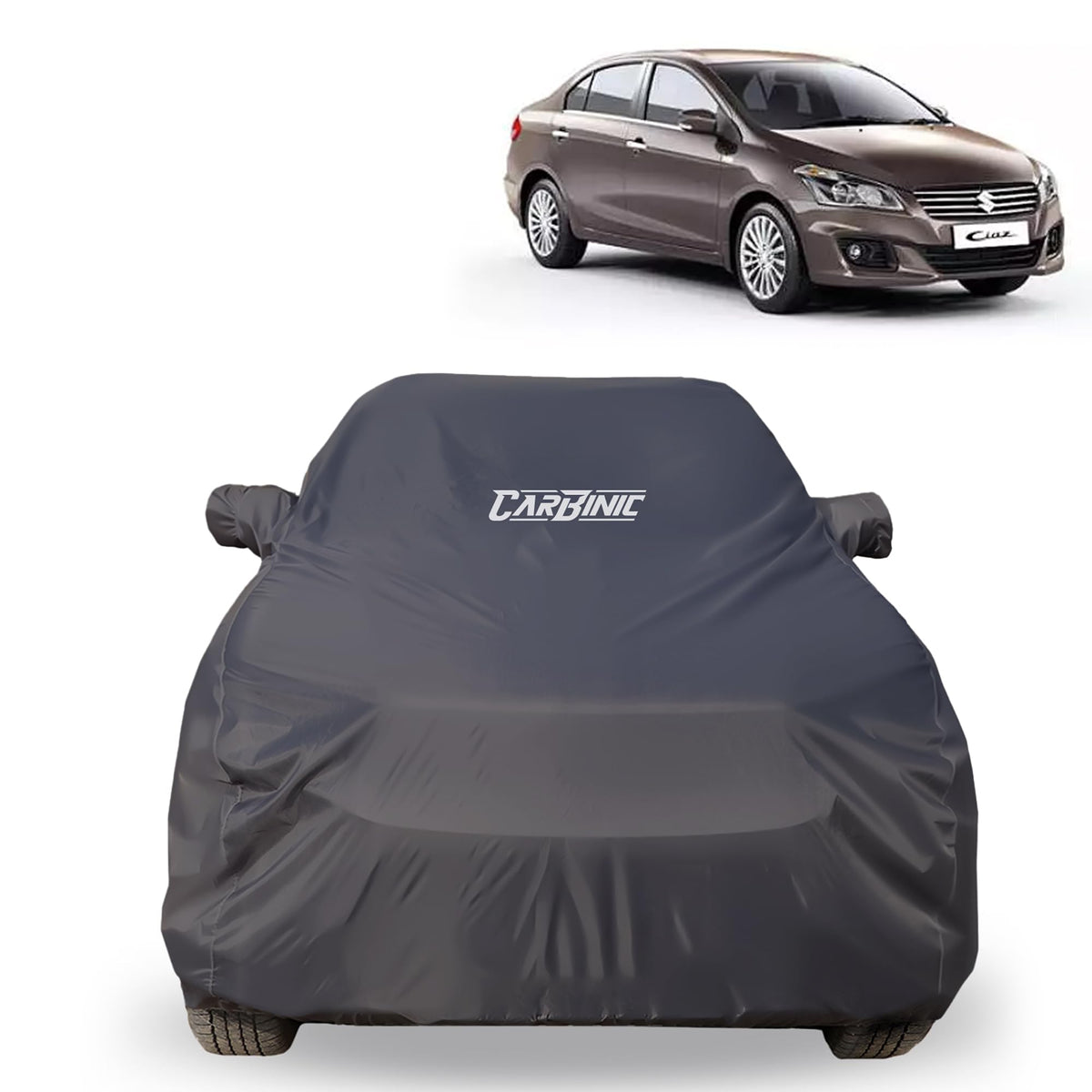 CARBINIC Car Body Cover for Maruti Ciaz 2014 | Water Resistant, UV Protection Car Cover | Scratchproof Body Shield | All-Weather Cover | Mirror Pocket & Antenna | Car Accessories Dusk Grey