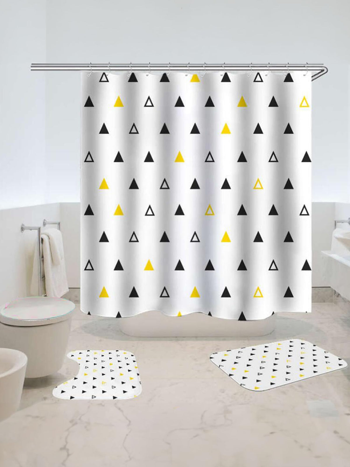 SAVYA HOME Shower Curtain (1) & Bathroom Mat (2) Set, Shower Curtains for Bathroom I, Waterproof Fabric I Anti Skid Mat for Bathroom Floor I Yellow Black Triangle, Pack of 3