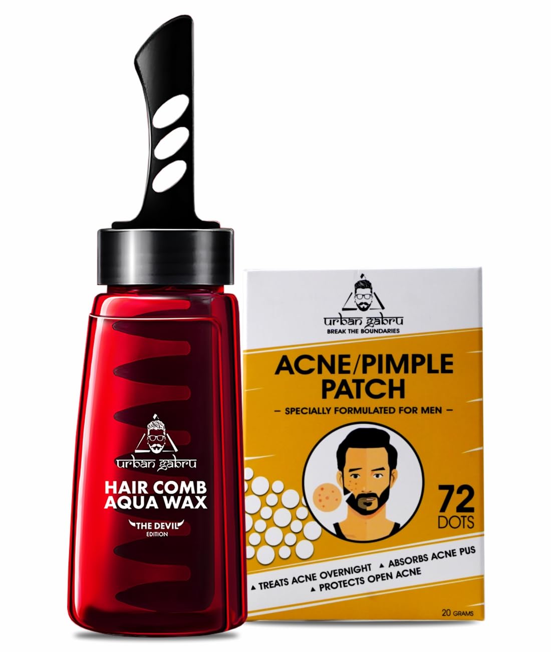 Urbangabru Hair Comb Aqua Wax - The Devil Edition - 260 ML & Acne Pimple Patch 72 Dots - Men's Grooming Combo Kit