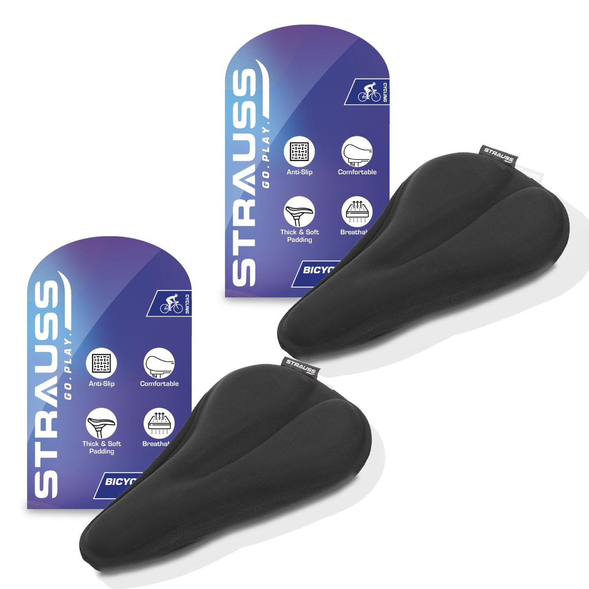 STRAUSS Bicycle Standard Saddle Foam Seat Cover with Anti-Slip Granules & Soft, Thick Padding | Superior Comfort, Breathable | Comes with Adjustable Rope Straps & Fits all Cycles, Pack of 2 (Black)