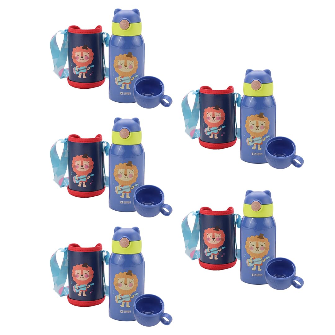 Kuber Industries Water Bottle for Kids|Stainless Steel Flask with Straw, Cup & Fabric Cover|Sipper Bottle for Kids|Food Grade Plastic Lid|Broad Fabric Strap|Leak Proof, BPA Free|500 ml (Pack Of 5)