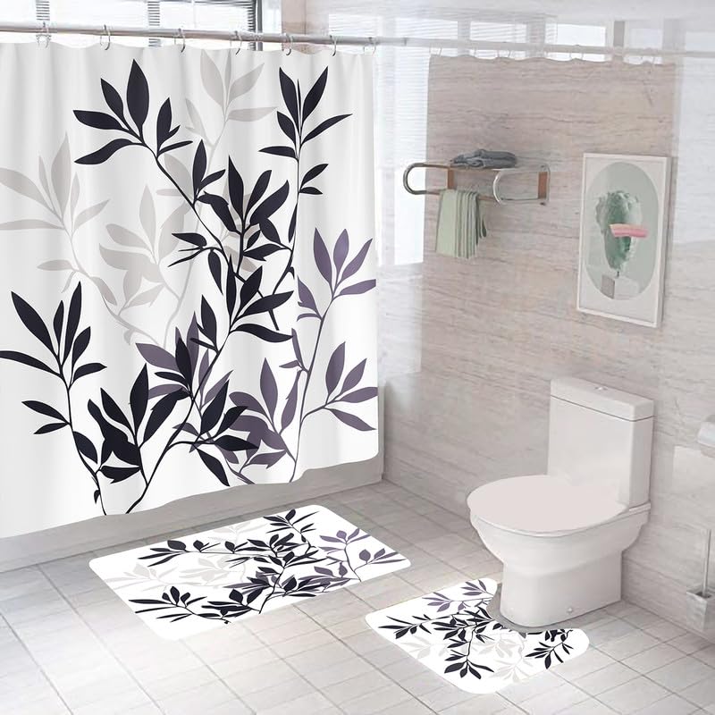 Encasa Shower Curtain & Bathmat 3 Pcs Set| Curtain 180x180 cm, Mats 45x75 cm, 45x37.5 cm| Creative Vibrant Coloured Polyster Curtain Sets with Non-Slip Bath mats for Bathroom| Blue-Grey Leaves