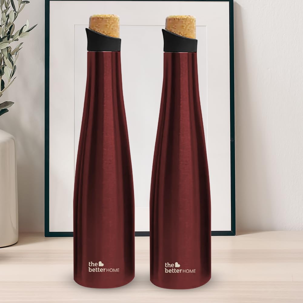 The Better Home Insulated Stainless Steel Water Bottle with Cork Cap | 18 Hours Insulation | Pack of 2-500ml Each | Hot Cold Water for Office School Gym | Leak Proof & BPA Free | Wine Colour