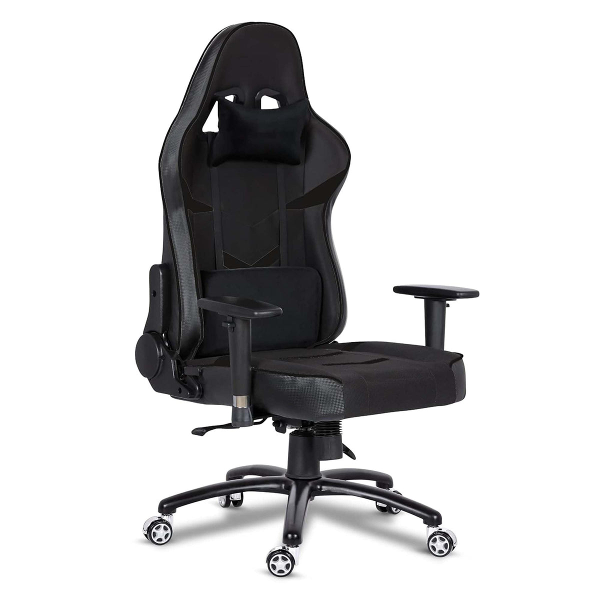 Kuber Industries Revolving Ergonomic PC Gaming Chairs with Wheels | Comes with Headrest, Lumbar Support Cushions & Footrest | Comfortable Chair for Long Sitting & Back Pain Relief | Black & White