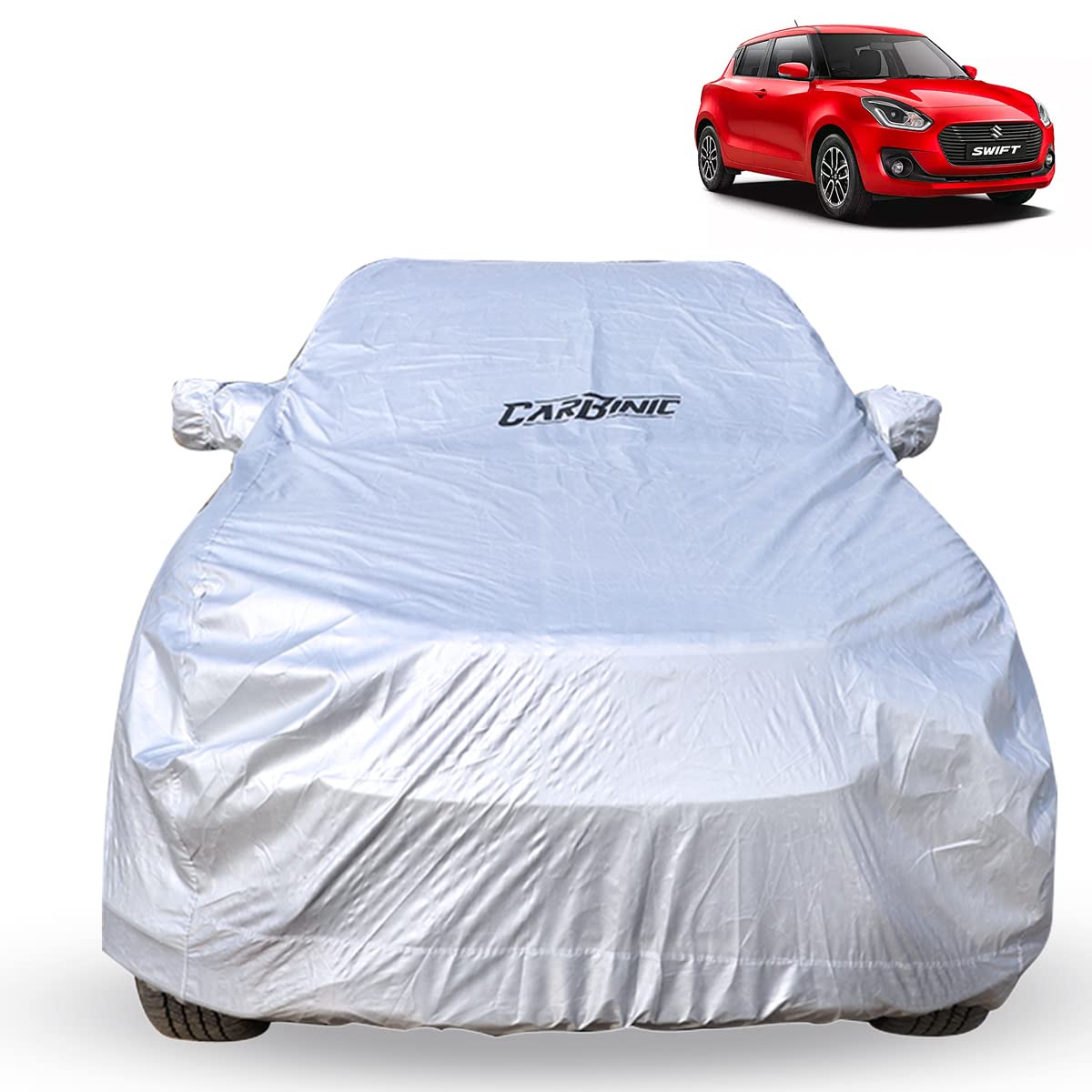 CARBINIC Car Body Cover for Maruti Swift 2018 | Water Resistant, UV Protection Car Cover | Scratchproof Body Shield | Dustproof All-Weather Cover | Mirror Pocket & Antenna | Car Accessories, Silver