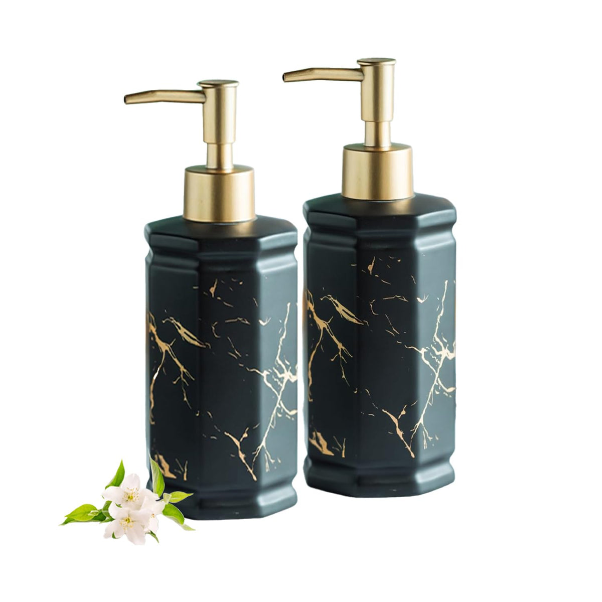 Ekhasa Ceramic Handwash Dispenser Bottle (350ml, Black, Set of 2) | Liquid Soap Dispenser for Bathroom, Wash Basin & Kitchen | Bathroom Sanitizer, Lotion, Shampoo Dispenser | Hand Wash Dispensers Pump