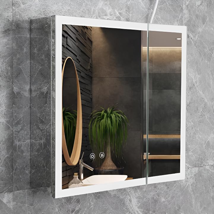 Plantex LED Mirror Cabinet for Bathroom with Defogger/Double Door Cabinet/Bathroom Organizer/Shelf - 19x19 Inches