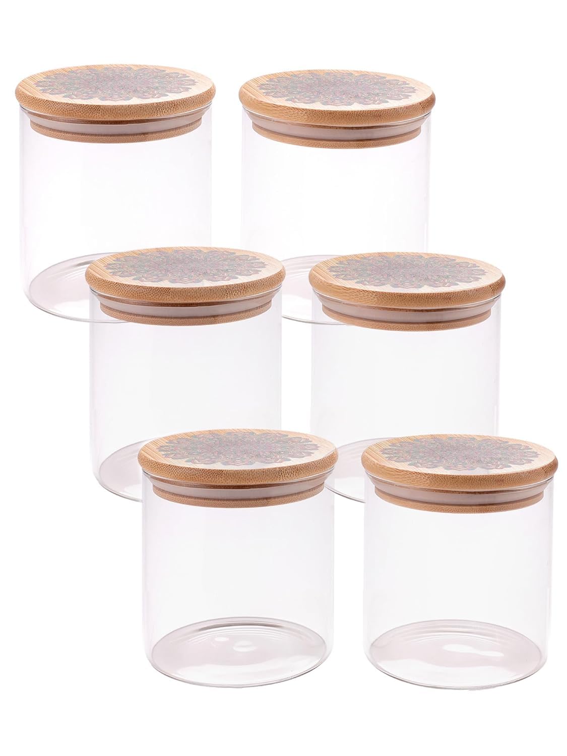 Kuber Industries Borosilicate Glass Jar with Printed Bamboo Lid|Kitchen Organizer Items and Storage|Multi-utility, Leakproof, Airtight Storage Jar for Cookies,Snacks,Tea,Coffee,Sugar|Pack of 6(300ml)