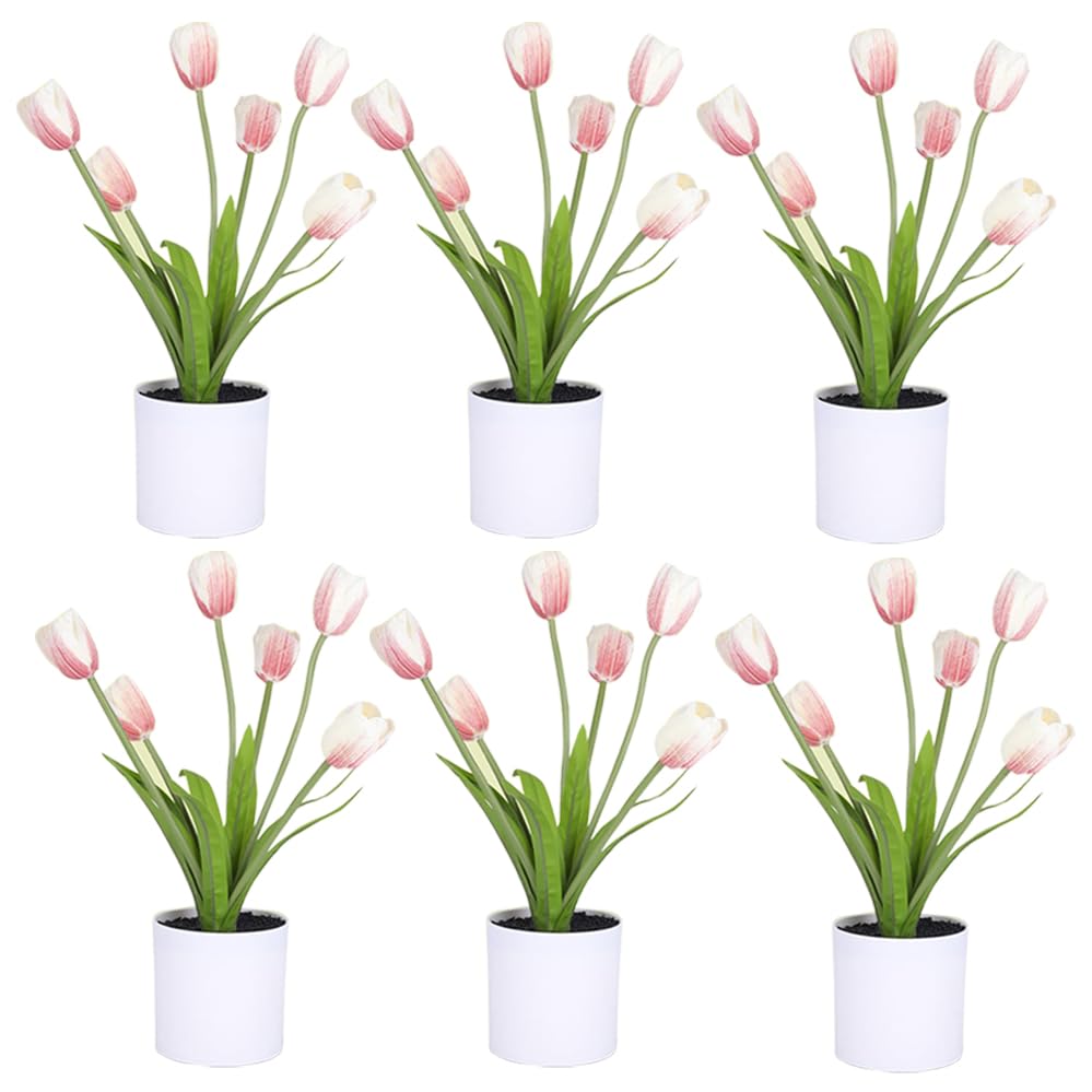 Kuber Industries Artificial Plants for Home D?cor|Natural Looking Indoor Fake Plants with Pot|Artificial Flowers for Decoration-Pack of 6 (Pink)