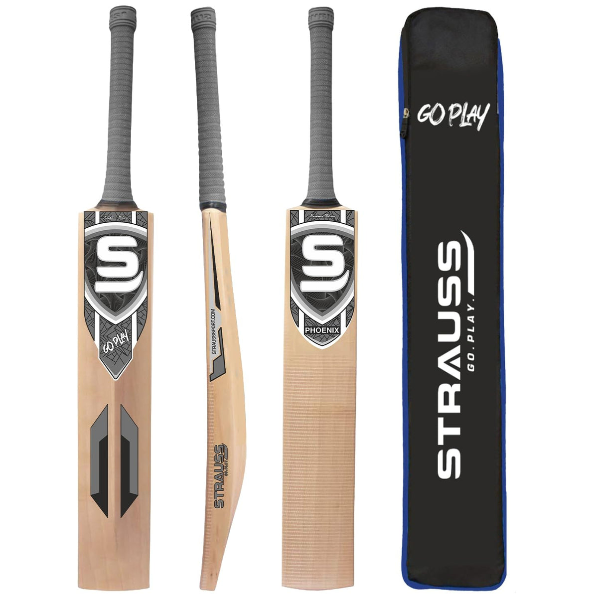 STRAUSS Phoenix Kashmir Willow Cricket Bat |Size: Short Hand |Grey| Suitable for Leather Ball |Ideal for Boys/Youth/Adults (1050-1200 Grams)