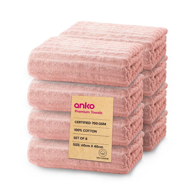 Anko Australia 100% Cotton 700 GSM Ribbed Hand Towel | Set of 8 | Super-Soft, Absorbent, Quick-Drying | Pink Towel for Men, Women & Kids | 60x40 cm |Travel, Gym, Spa Towel