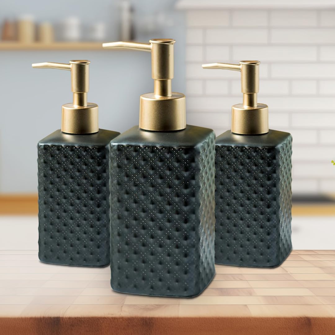 UMAI Liquid Soap Dispenser | Stoneware | Bathroom Sanitizer, Lotion, Shampoo Dispenser | Ceramic Handwash Bottle for Kitchen | Soap Dispenser for Wash Basin | Bathroom Accessories (Pack of 3)