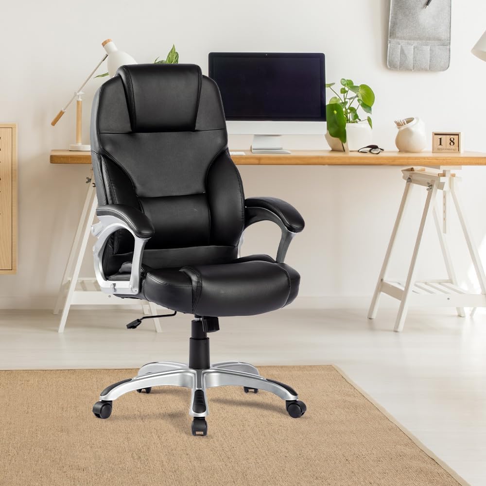 Kuber Industries Leather Office Chairs for Work from Home | Comes with Manual Height Adjustable, Armrest, Headrest & Lumbar Support | Comfy Study Chair for Students with Wheels | Black | SAVOC111BLK