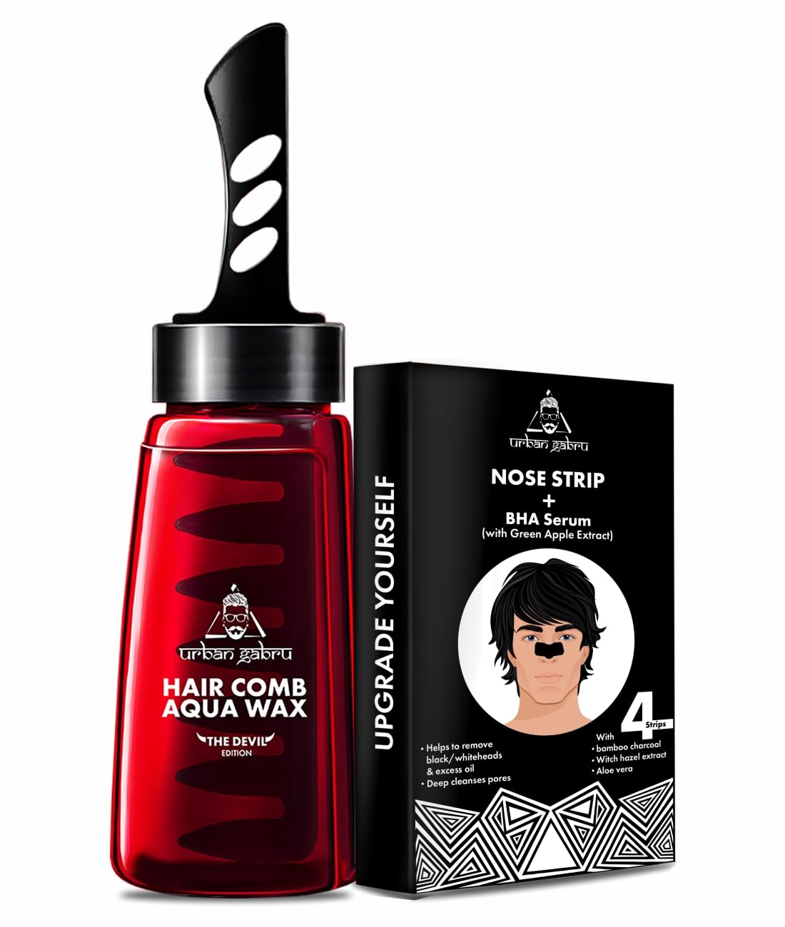 Urbangabru Hair Comb Aqua Wax - The Devil Edition - 260 ML & Nose Strips + BHA Serum - Men's Grooming Combo Kit