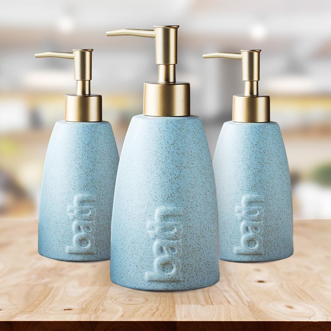 UMAI Liquid Soap Dispenser | Stoneware | Bathroom Sanitizer, Lotion, Shampoo Dispenser | Ceramic Handwash Bottle for Kitchen | Soap Dispenser for Wash Basin | Bathroom Accessories (Pack of 3)