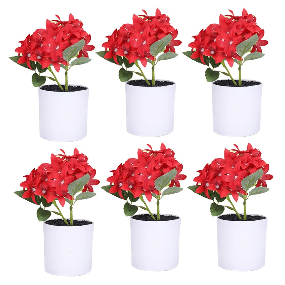 Kuber Industries Artificial Plants for Home D?cor|Natural Looking Indoor Fake Plants with Pot|Artificial Flowers for Decoration-Pack of 6 (Red)
