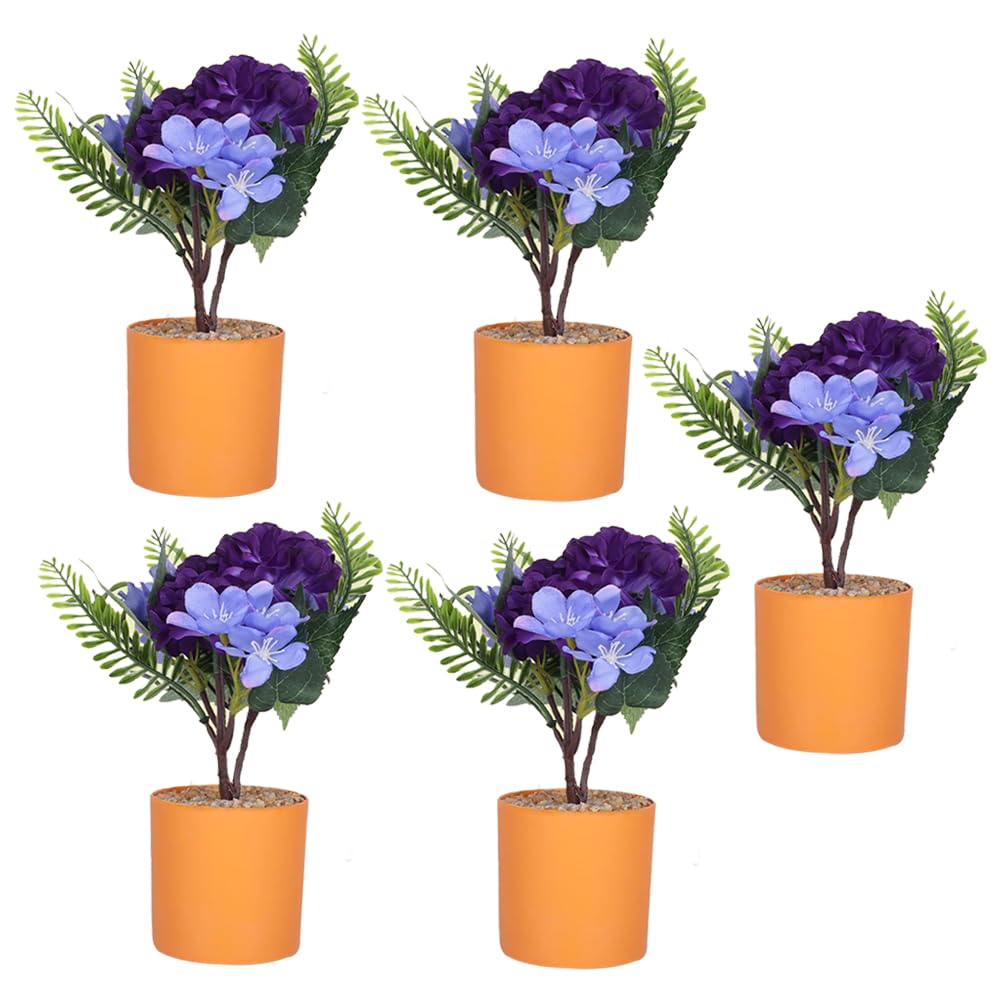 Kuber Industries Artificial Plants for Home Décor|Natural Looking Indoor Fake Plants with Pot|Artificial Flowers for Decoration-Pack of 5 (Purple)