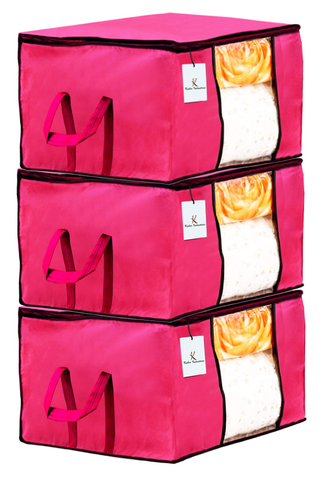 Kuber Industries Underbed Storage Bag, Storage Organiser, Blanket Cover Set of 3 - Pink, Extra Large Size-CTKTC23857