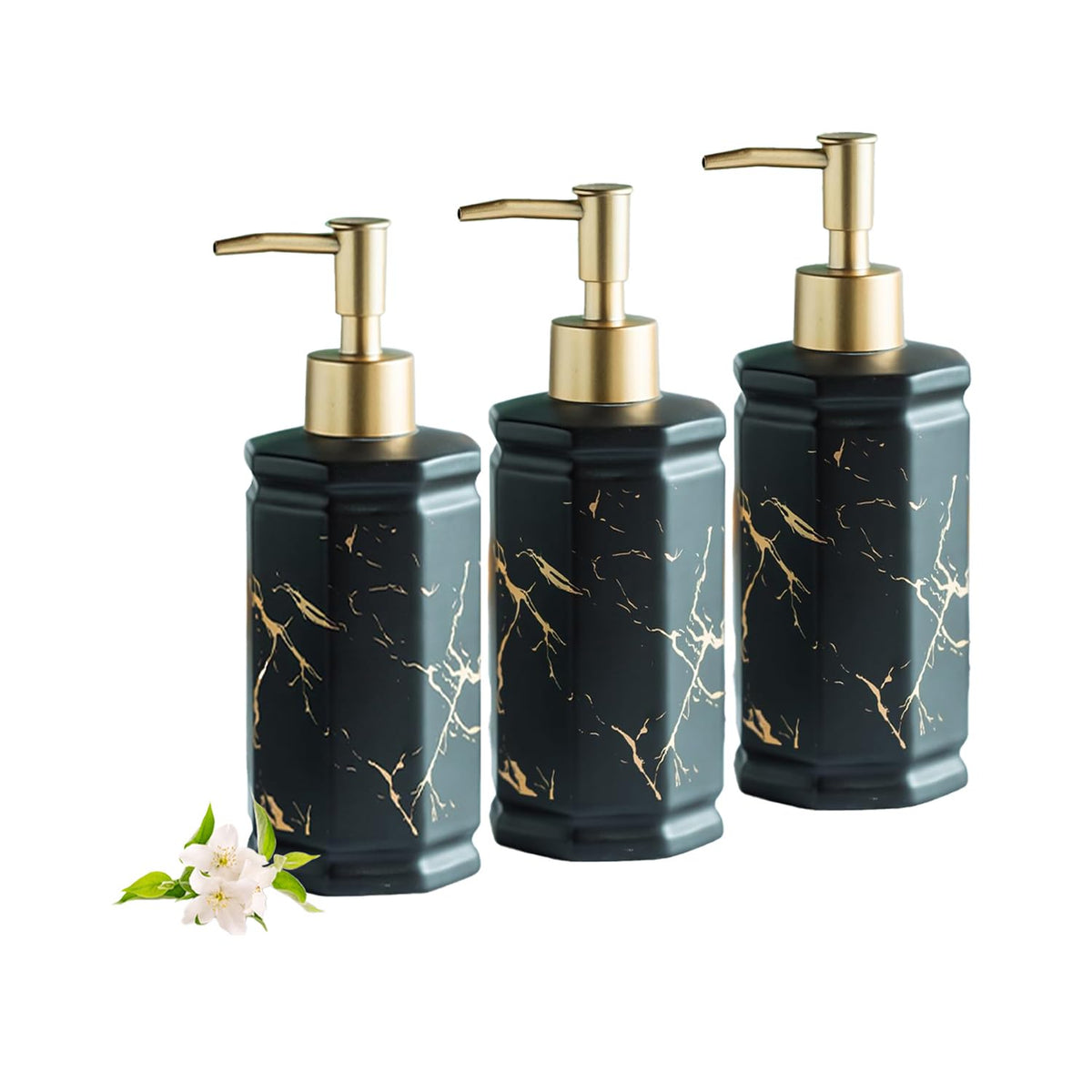 Ekhasa Ceramic Handwash Dispenser Bottle (350ml, Black, Set of 3) | Liquid Soap Dispenser for Bathroom, Wash Basin & Kitchen | Bathroom Sanitizer, Lotion, Shampoo Dispenser | Hand Wash Dispensers Pump