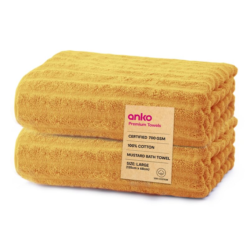 Anko Australia 100% Cotton 700 GSM Large Ribbed Bath Towel | Set of 2 | Super-Soft, Absorbent, Quick-Drying | Mustard Towel for Men, Women & Kids | 135x68 cm |Travel, Gym, Spa Towel