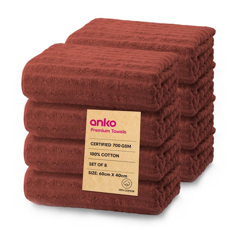 Anko Australia 100% Cotton 700 GSM Ribbed Hand Towel | Set of 8 | Super-Soft, Absorbent, Quick-Drying | Rust Towel for Men, Women & Kids | 60x40 cm |Travel, Gym, Spa Towel