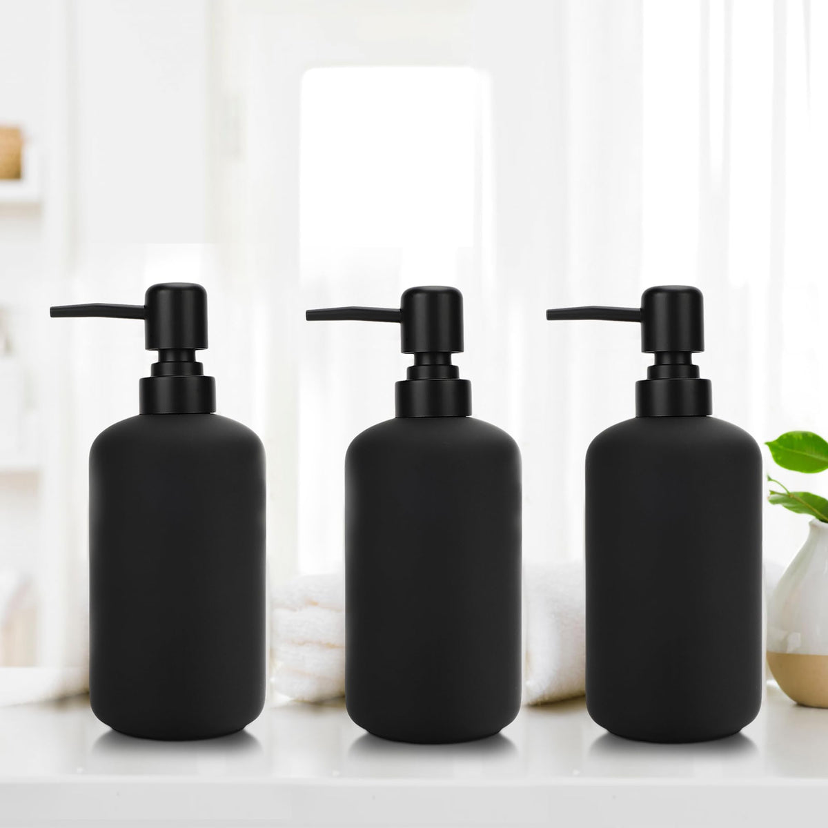 Anko Stoneware & Powder-Coated Plastic Soap Dispenser- Set of 3| | Rust-Proof, Leak-Proof, Moisture-Resistant | Soft Touch, Easy to Clean | Black | 400 ml | 18.5 Cm (H) x 7.6 Cm (D) (1 Pc)