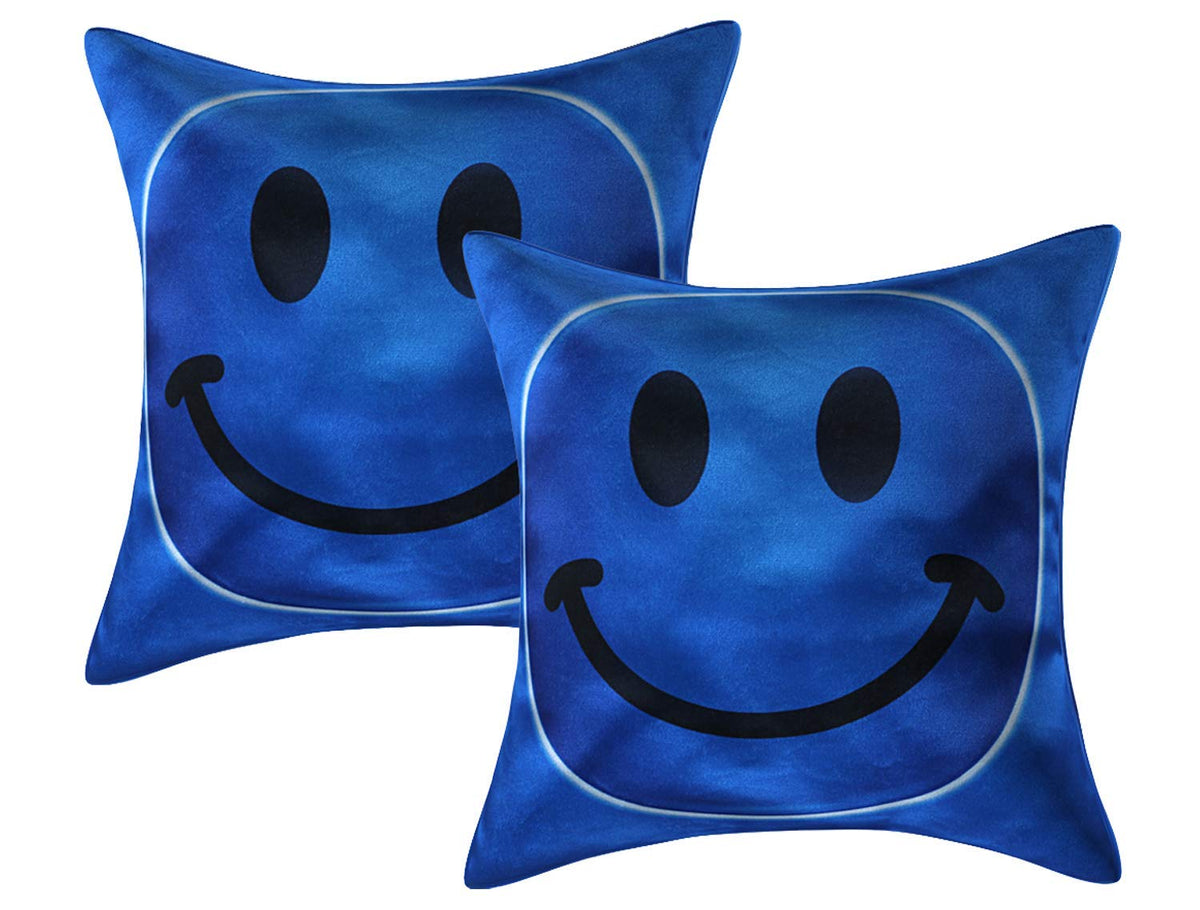 Kuber Industries Smiley Design 2 Piece Velvet Cushion Cover Set - 16"x16", Blue