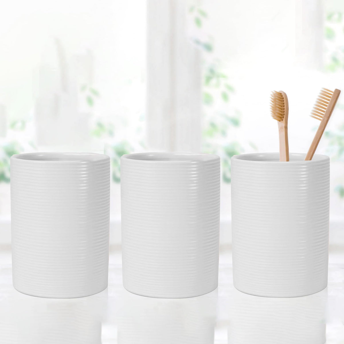 Anko Ceramic Toothbrush Holder for Bathroom | Toothpaste, Makeup Brush Holder for Bathroom | Bathroom Accessories for Wash Basin | Home, Office, Bathroom Organiser | White, Ribbed | Set of 3