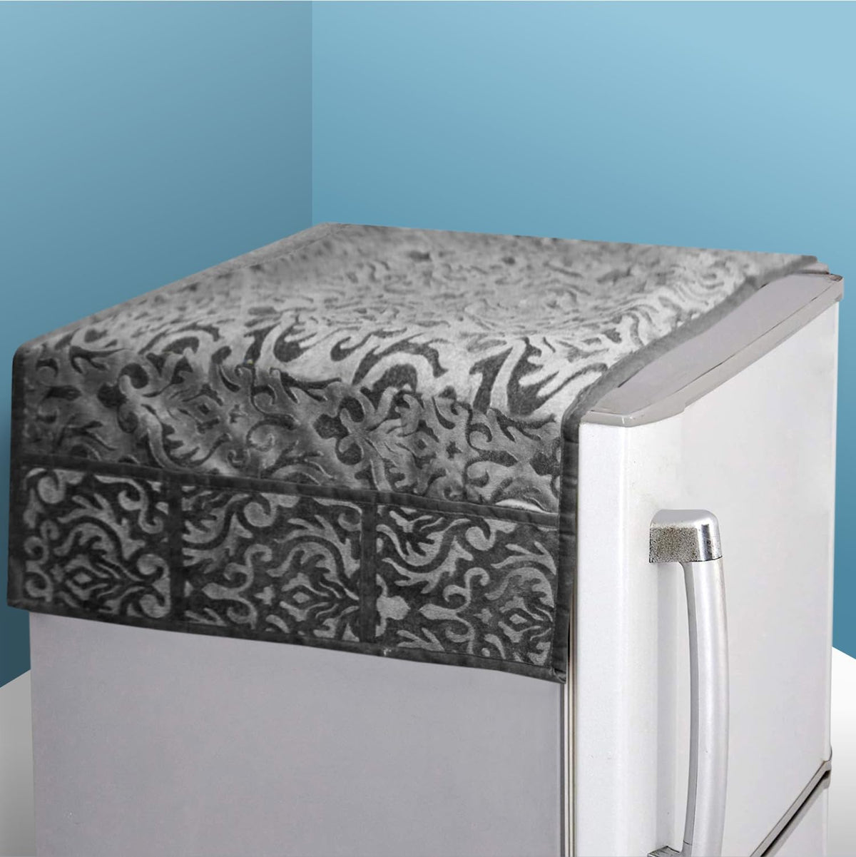 Heart Home Fridge Top Cover | Fridge Top Cover with Pockets | Refrigerator Top Cover for Kitchen | Fridge Top Cover with 6 Utility Pockets | Velvet Fridge Top Cover | Gray